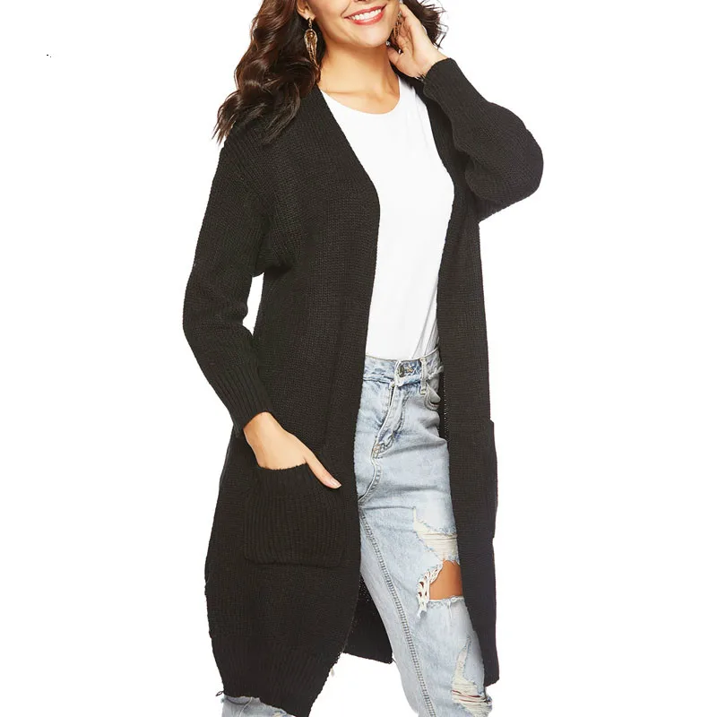 2019 Mulheres Da Moda Blusas de Manga Longa Malha Longo Cardigan Casual Preto e Cinza Roupas |