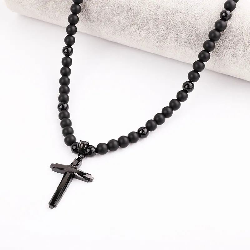 

New Punk Style Natural Stone Beads Tiger Eye Matte Onyx 316L Stainless Steel Cross Rosary Jesus Necklace Men