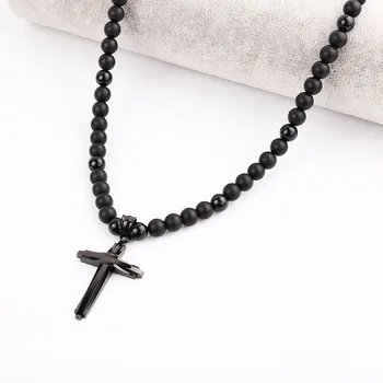 New Punk Style Men Necklace Natural Stone Beads Tiger Eye Matte Onyx 316L Stainless Steel Cross Rosary Jesus Necklace Men