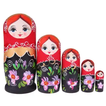

5pcs Black Red Girl Russian Matryoshka Set Wooden Nesting Dolls Crafts Gift
