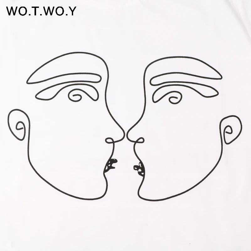 WOTWOY абстрактная летняя футболка для пары, женская футболка, повседневные топы с принтом, Женская свободная хлопковая футболка с коротким рукавом, Женская Harajuku белая