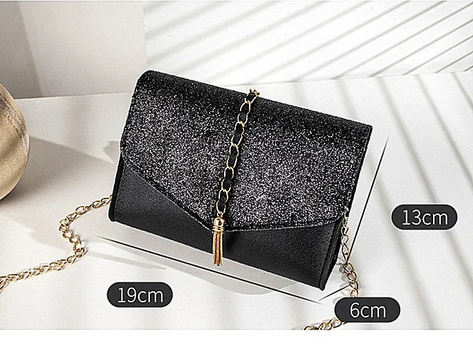 

Women Bag Paillette Business Shining PU Purse 2020 Black HandPurse Tassel Leather Chain Luxury Designer Messenger Lady Purse