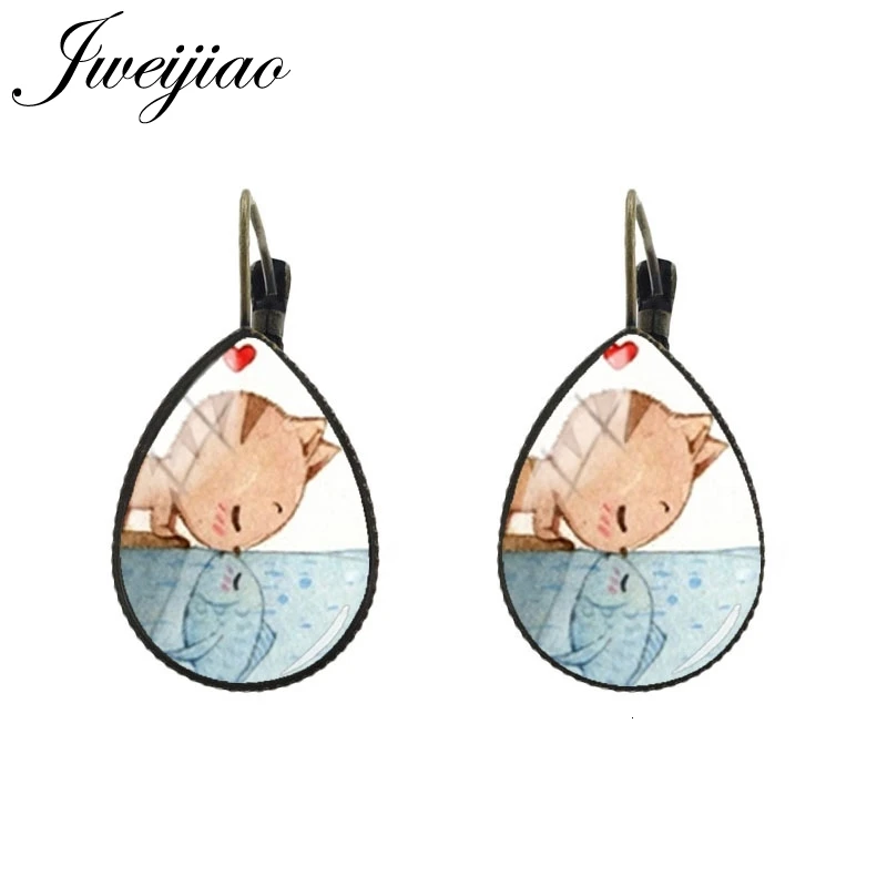 JWEIJIAO серьги для девочек, Мультяшные серьги-клипсы в форме капли воды, модные ювелирные изделия с изображением кота и рыбы, рождественский подарок CH77