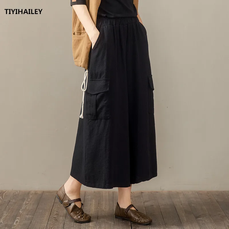 

TIYIHAILEY Free Shipping 2020 Long Maxi A-line Skirts For Women Elastic Waist Autumn And Spring Cotton Linen Skirts With Pockets