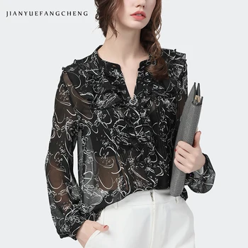 

Ruffles Chiffon Shirt Women Loose Plus Size 2020 New Autumn Tops Fashion Printed Long Sleeve Office Ladies Tops And Blouses 4XL