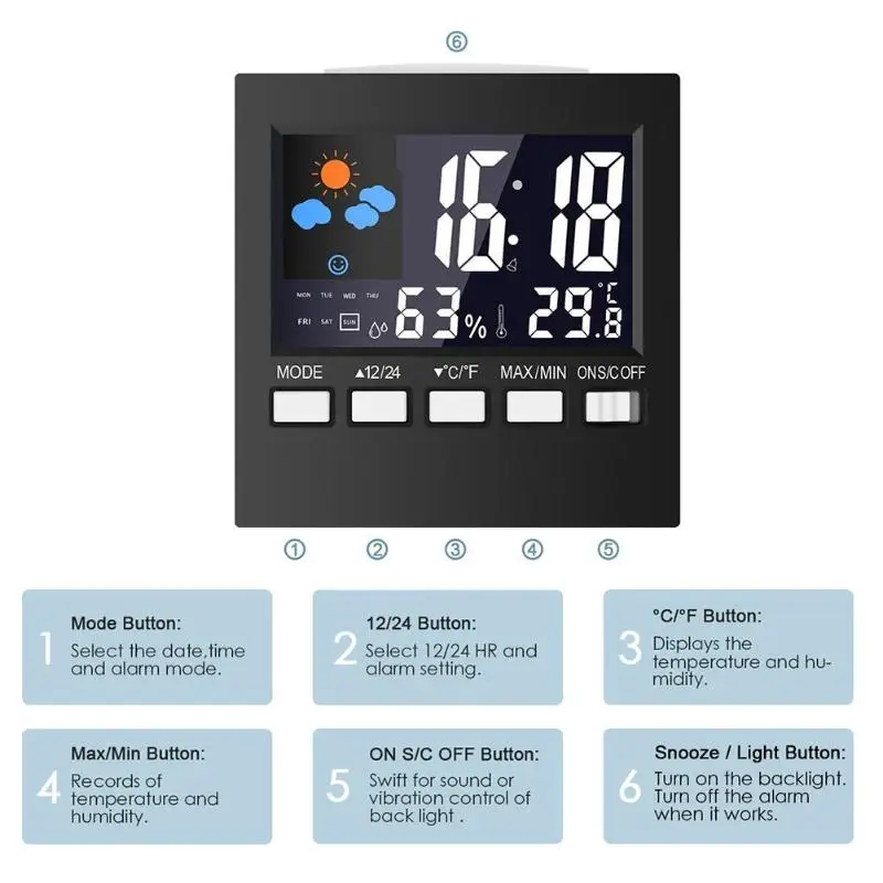 Метеостанция с ЖК-дисплеем, цифровой термометр, гигрометр, измеритель температуры и влажности в помещении, функция погоды, голосовое управление