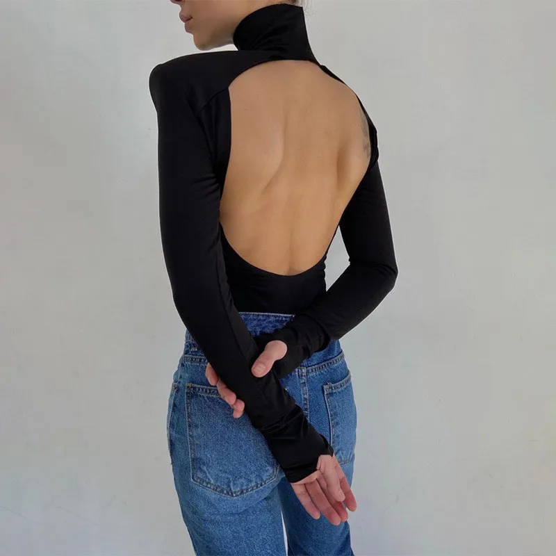 long sleeve bodysuit Cybill Turtleneck Backless Sexy Bodysuit Solid Long Sleeve Skinny Bodycon Bodysuit Women Body Female For Woman Top Black green bodysuit