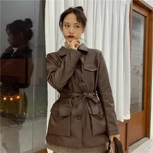 Фотосессия осень и зима корейский стиль ретро отложной воротник красивый Талия обнимает на шнуровке из искусственной кожи средней длины пальто Wom
