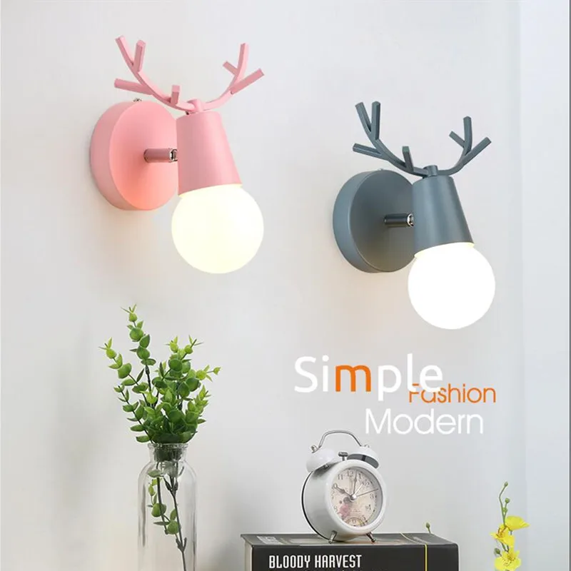

New Nordic Adjustable LED Wall Lights Colorful Cartoon Deer Antlers Reading Wall Mounted Children Room Bedroom Lighting E27
