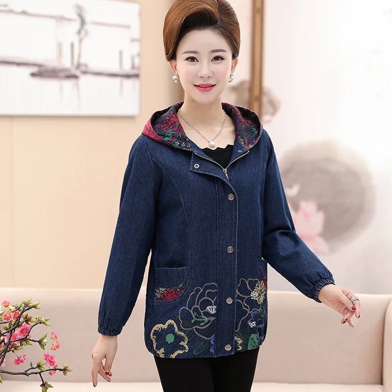 

Middle Aged And Elderly People WOMEN'S Dress Spring And Autumn Large Size Hooded Jacket Middle-aged Women Dress Cowboy Embroider