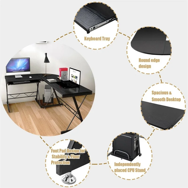 High Quality Modern Design L-Shape Corner Computer Study Desk Premium MDF Desktop Finish Metal Fram