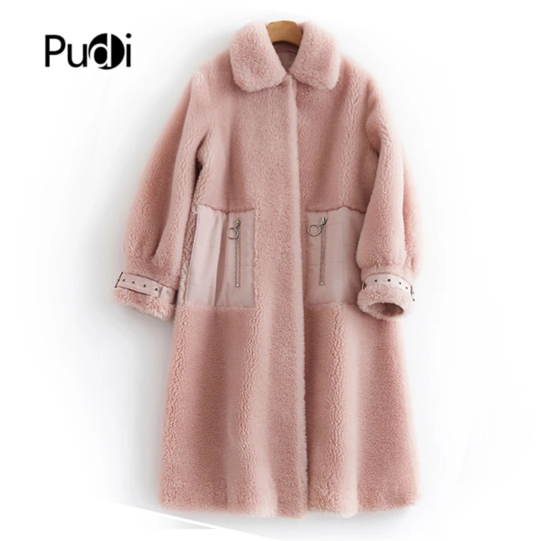 

PUDI women winter real wool fur coat jacket female girl sheep shearing fur long coats trench V2016
