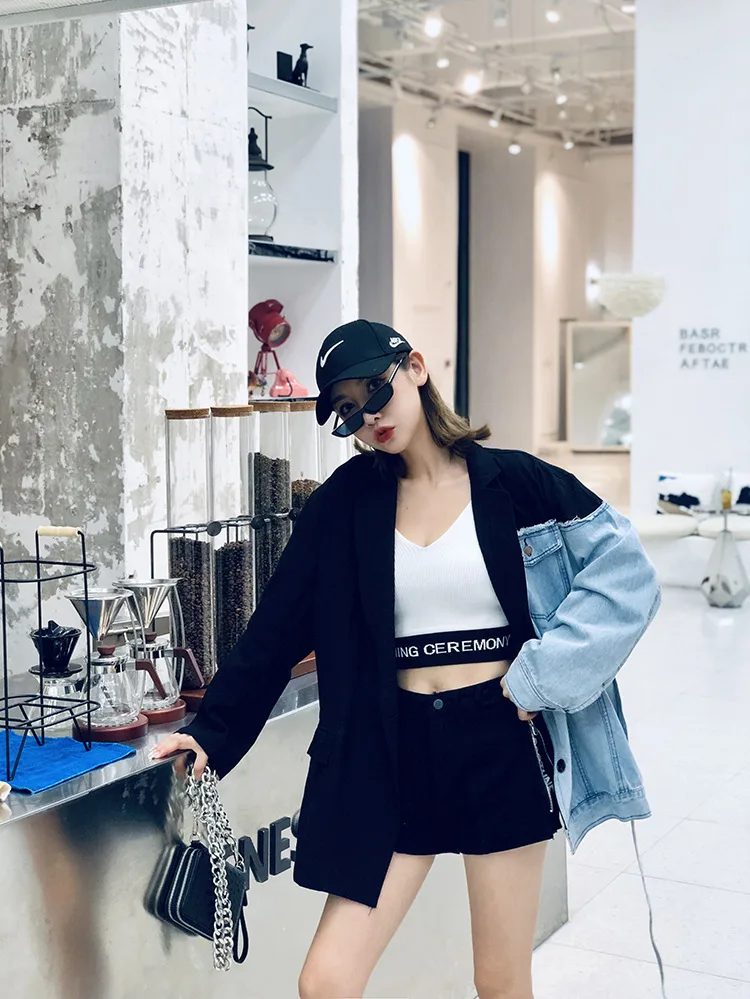 European station autumn new fight denim tie rope suit female loose long section casual coat net red temperament