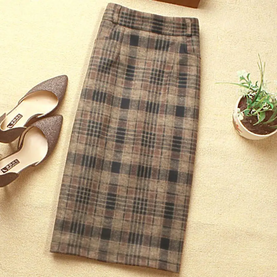 

Plaid woolen skirt women autumn winter 2019 new high waist retro packag hip skirt