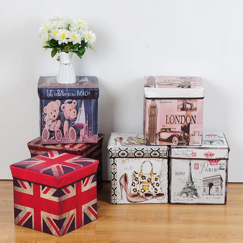 

T2072 Vintage Printed Coated Film Storage Chair Storage Box Multi-functional with Lid Folding Storage Stool