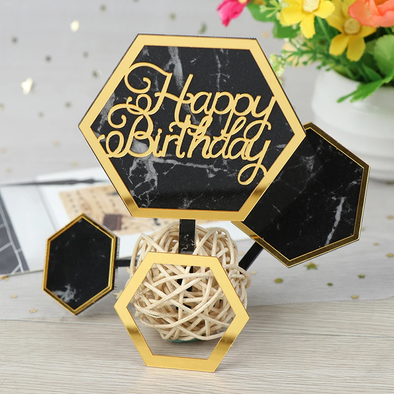 INS Marble Acrylic Cake Topper Hexagon Gold Happy Birthday Cake Topper For Kids Birthday Party Cake Decorations Baby Shower