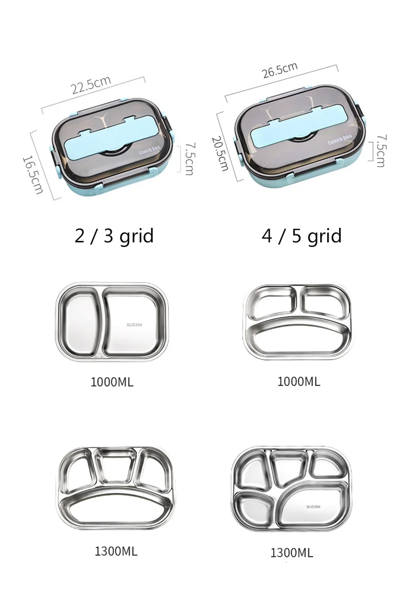 Коробки для обедов школьные Еда контейнер дети ребенок Bento Коробки 304 Нержавеющая сталь внутренняя 2/3/4/5 сетки 1000 мл 1300 мл