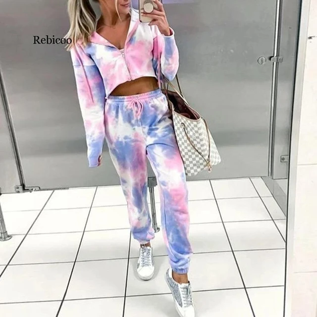 Female Autumn Zipper Dyeing Crop Sweatshirt Tie-dye Track Pants Set Women  Street Two Piece Sweatpants Set Active Wear Outfits - Pant Sets - AliExpress