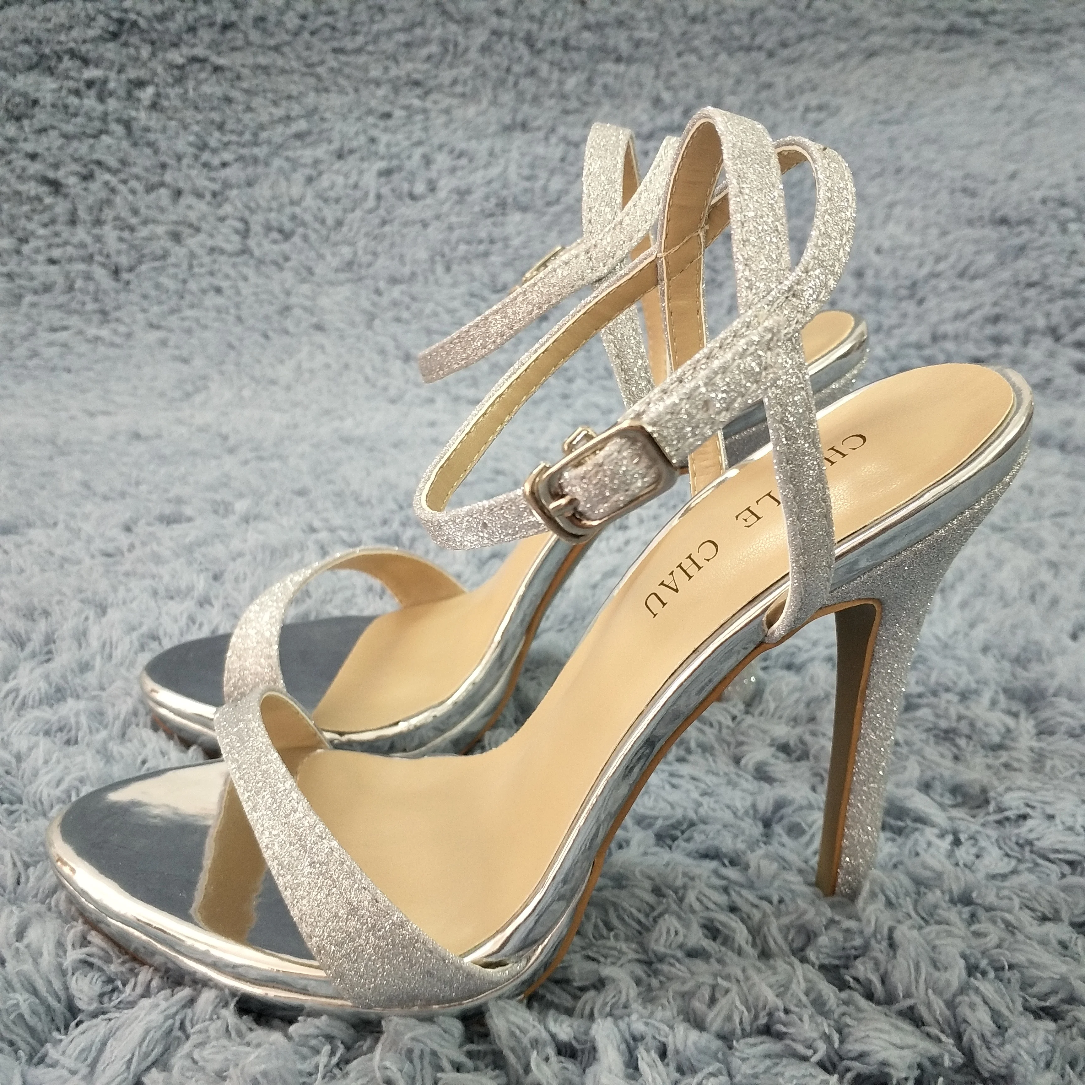 

Sexy Silver Glitter Sandal High Heel Bridals Party Women Sandal Summer New Open Toe Ankle Strap Stiletto Platform 12cm Heel Shoe