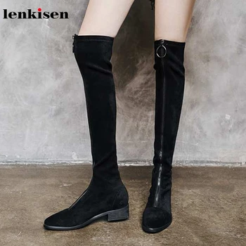 

Lenkisen hot sale handsome rock Zipper stretch flock med heels fashion streetwear winter warm women black thigh high boots L08