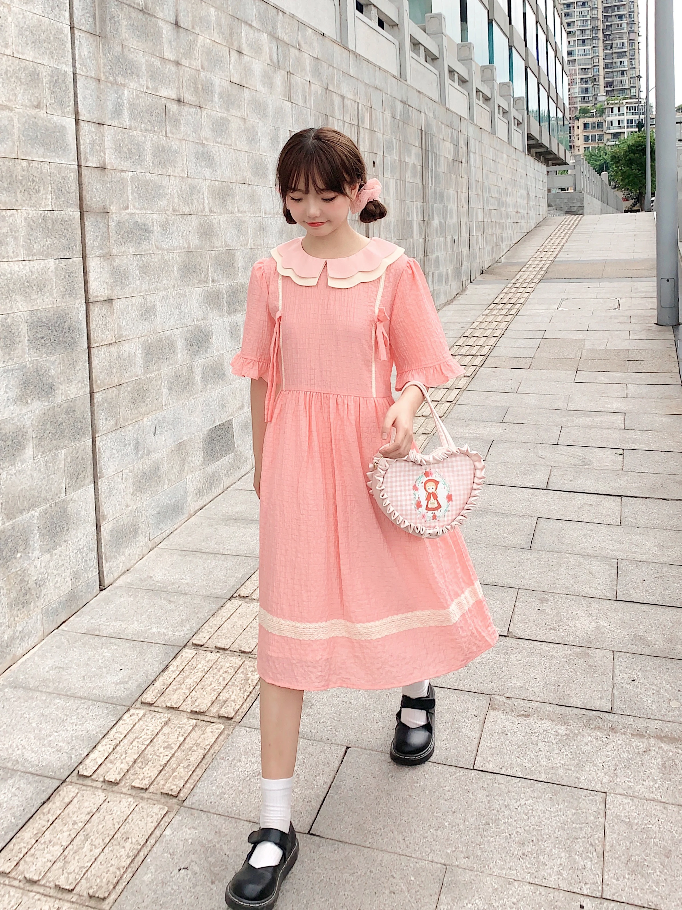 Japanese Summer College Style Soft Girly Dress Sweet Double Layer Peter Pan Collar Bow Cute Puff Sleeve Pink First Love Dresses