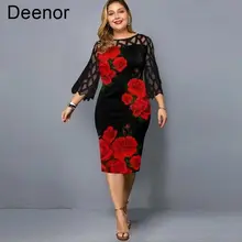 

Deenor Plus Size Dresses Digital Print Lace Dress Mesh Sleeve Flower Print Casual Evening Dress Party Dresses