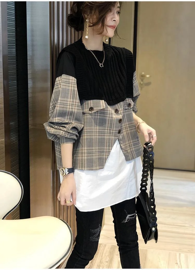 Hab1062e536e943349dbf20b7aca8b12cC - Spring / Autumn O-Neck Long Sleeves Patchwork Knitted Plaid Buttons Blouse