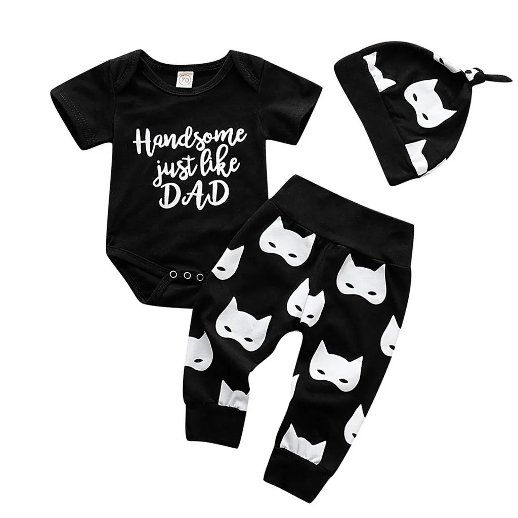 Black Красивый комбинезон с надписью «Just Like Dad» для новорожденных мальчиков; комплект со штанами и шапочкой; Прямая поставка; W1220 - Цвет: Black