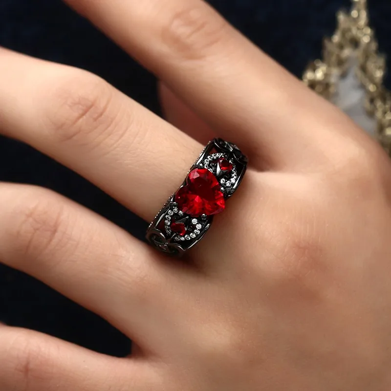 

Black Gold 925 Sterling Silver Angel Wing Ri Wedding Rings for Women Heart Shaped natural ruby gemstone ring Jewelry