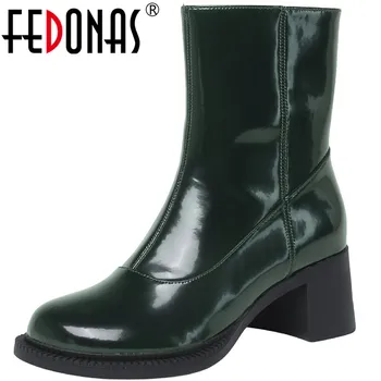 

FEDONAS Concise Side Zipper Genuine Leather Women Winter Boots Leather Round Toe Thick Heels Pumps Office Lady Shoes Woman