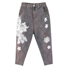 Осень-весна, Винтаж женские, с высокой талией стрейч с блестками; кружевное платье; джинсовые шаровары брюки для девочек, блестящие,, рваные джинсы с дырами джинсы брюки для женщин