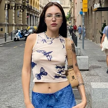 

Darlingaga Harajuku Butterfly Printed Summer Tank Top Short Vest Cute Fairycore 2000s Aesthetic Causal Crop Tops Sleeveless Tee