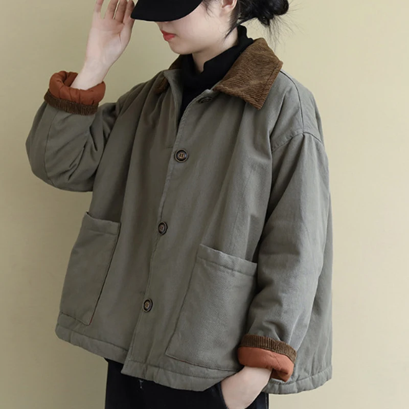 

2021 New Women Cotton Clothes Jacket Solid Loose Long Sleeve Overcoat Thick Parkas Autumn Winter Lapel Single Breasted Lady Coat