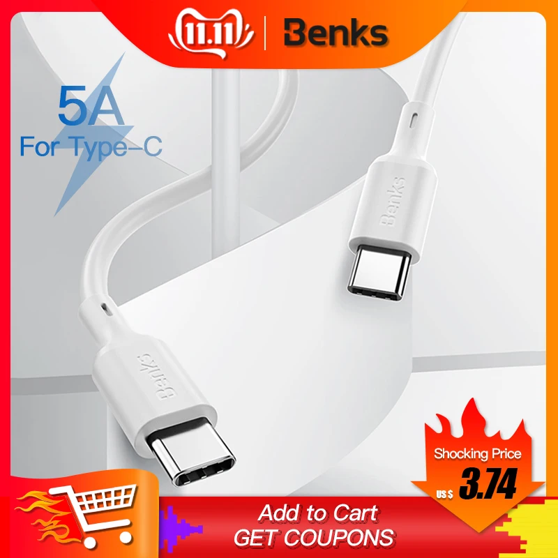 

Benks Double Type-C USB Cable For Ipad Pro Wire For Apple Macbook Huawei Laptop Phone Fast Charging Data Line For Xiaomi 8 9 Mix