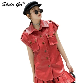 

Genuine Leather Vest Multicolor Front Pocket Moto Epaulet Sleeveless Vests Women Autumn Causal Button Front Highstreet Outwear