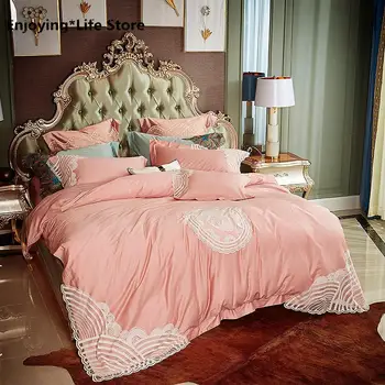 

Princess style Embroidery Long staple Cotton Bedding Set Queen King Duvet Cover Bed Sheet quilted skirt for winter