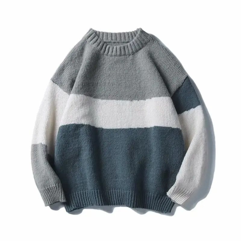 Men Sweater Knitted 2022 Autumn Winter Patchwork Stripe O-Neck Pullover Warm Korean Harajuku Fashion Men Women Oversize Sweaters