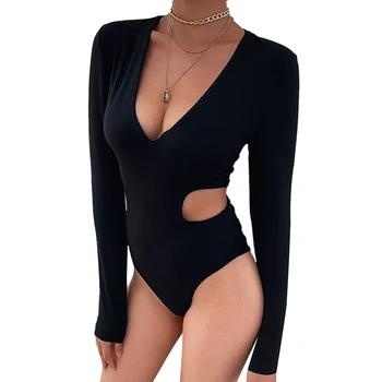 

2020 Sexy Deep V-neck Hollow Out Women Bodysuit Lady Solid Color Long Sleeve Bodycon Romper Autumn Winter Leotard Tops Black Red