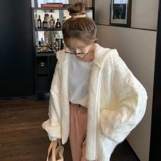 Heavy Industry Cable Loose-Fitting Hooded Cardigan Sweater Coat for Women |