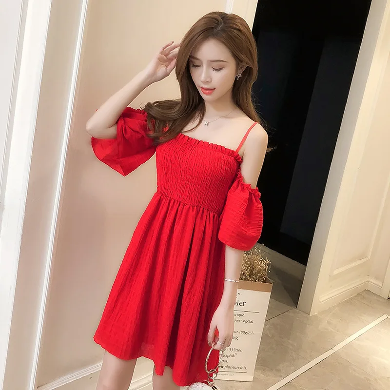 

2018 Summer New Style WOMEN'S Dress Tube Top Waist Hugging Slimming off-Shoulder off-Shoulder Strapped Dress Flounced Sleeves Dr