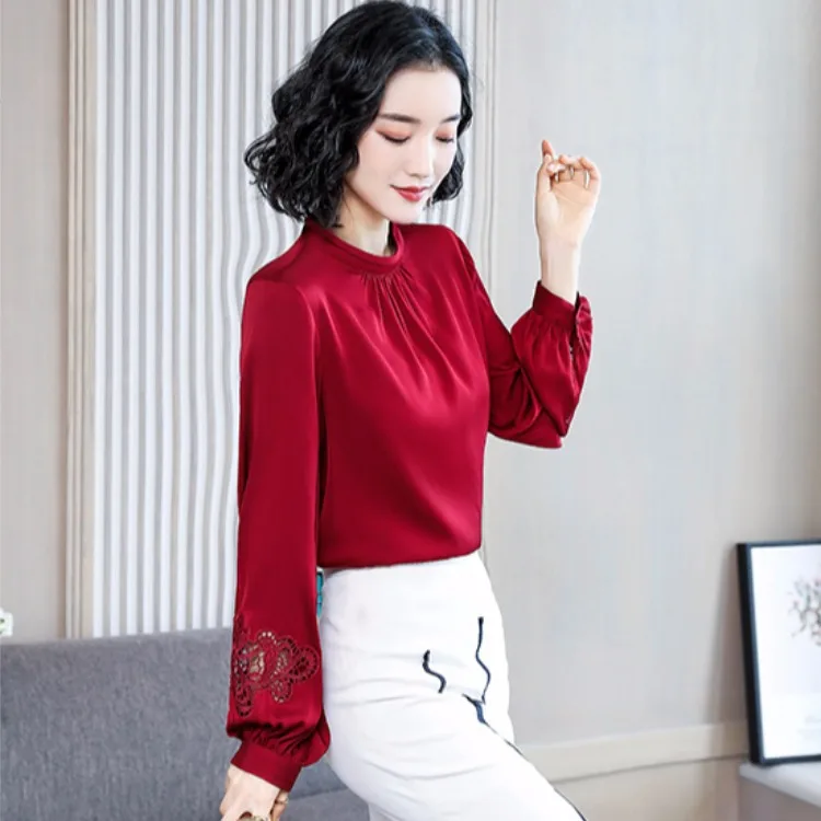 

Spring Clothing 2020 New Style Important Imitated Silk Fabric Shirt Women's Fashion Western Style Red Hollow out Lantern Sleeve