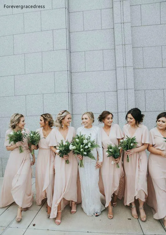 New Cheap 2017 Country Bridesmaid Dresses Chiffon A Line Short Sleeves Pleast Flowing Ankle Length Wedding Guest Party Dresses 85 (1)