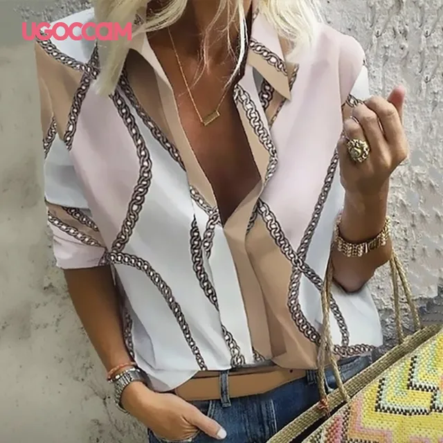 US $10.39 UGOCCAM Women Blouse Long Sleeve Shirt Print Office Turn-down Collar Blouse Elegant Work Plus Size 