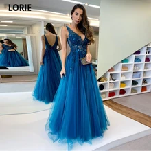 

LORIE V-neck Royal Blue Evening Dresses 2022 Fashion Tulle Appliques Sleeveless Prom Gown Long Abendkleider Robes De Soirée