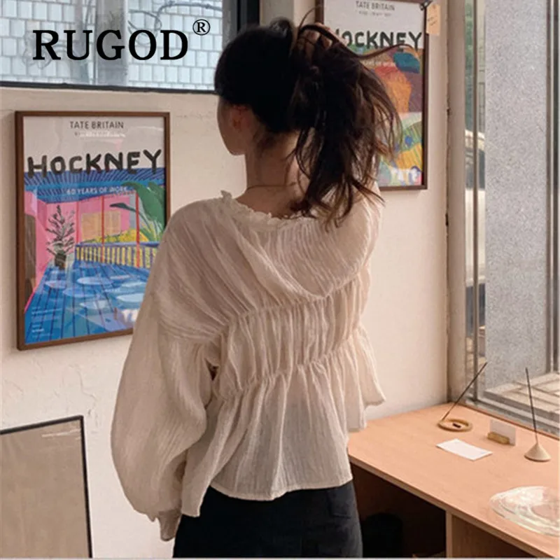 RUGOD корейский длинный рукав женская блузка элегантная Милая расклешенная рукав v-образный вырез офисные женские рубашки модные летние auturm гофрированные блузки