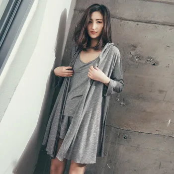 

2020 Spring Summer Ladies Cotton Pajama Sets 3Pcs Set Cardigan+Vest+Shorts Womens Sleepwear Sexy Nightgown Homewear Sleep Gown