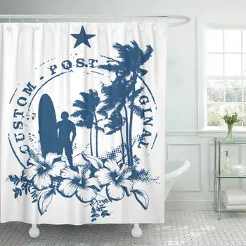 

Hawaiian Surf Stamp Summer Flower Surfer Vintage Surfboard California Shower Curtain Waterproof 72 x 72 Inches Set with Hooks