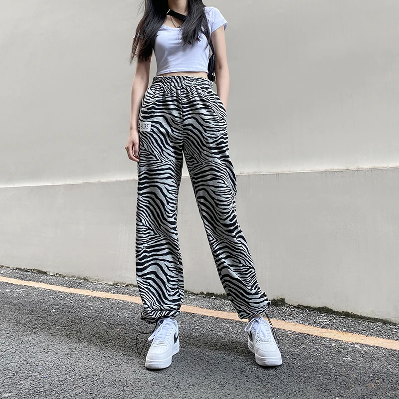 

Casual Letter Zebra Print Sweatpants Fall 2020 Pants For Women High Waist Cow Drawstring Joggers Long Straight Trousers Capri