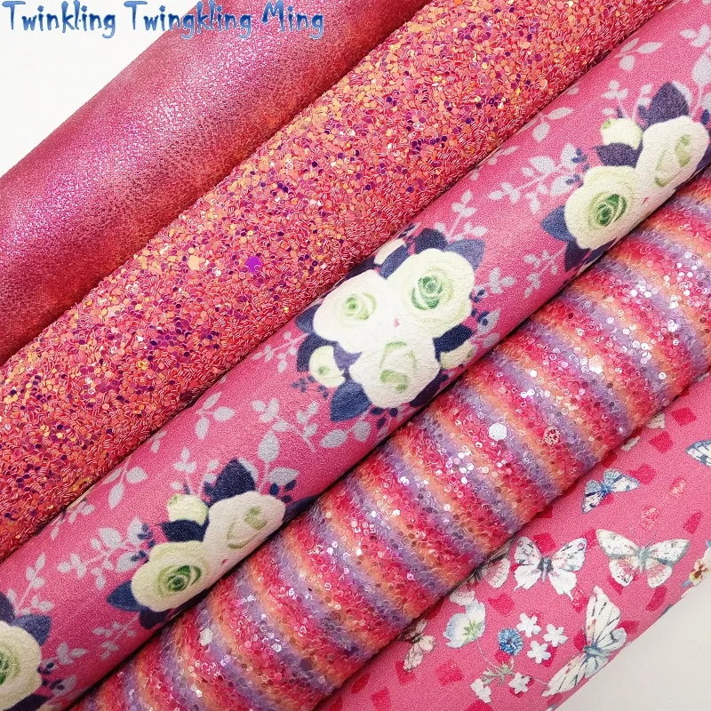 Rose Glitter Leather Stripes Printed Fabric Butterflowers Faux Sheets For Bow A4 21x29CM Twinkling Ming XM025F | Дом и сад