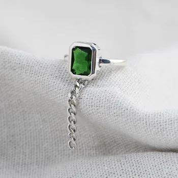 

925 sterling silver ring with emerald for women black STONE Carved vintage ethnic thai silver chain tassel open rings jewelry